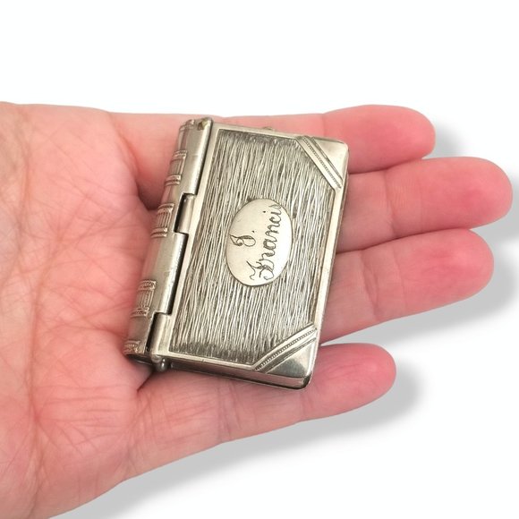 Antique 19th c. Silver Plated Book Vesta Case Pendant Engraved - Picture 1 of 13